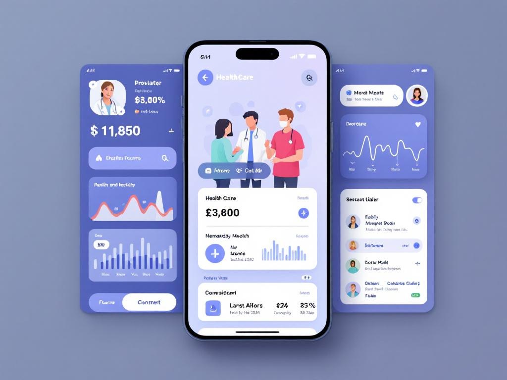 Healthcare app interface mockups showing patient and provider dashboards